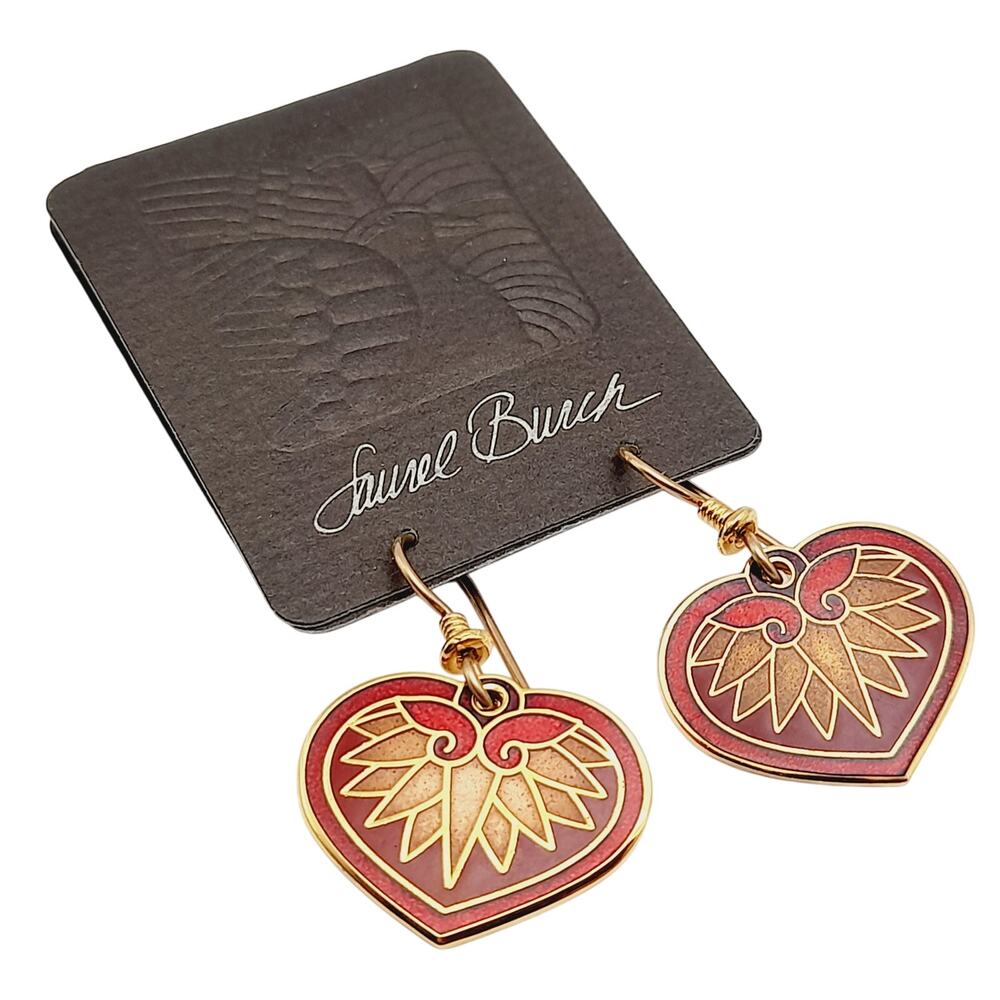 Vintage Laurel Burch Hollyhock Red Enamel Gold Plate 1988 Earrings Original Card